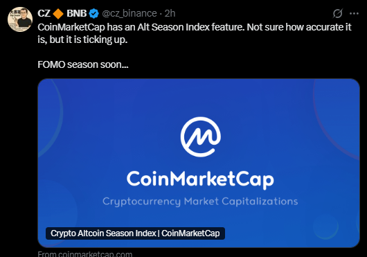 CZ Tweet about Alt Season Index